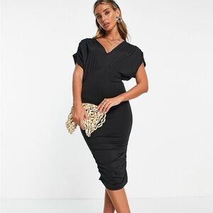 French Connection drop shoulder slinky ruched midi dress in black